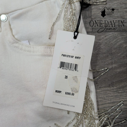 7 For All Mankind Jeans White Beaded Fringe Mid Rise Ankle Skinny NWT Size 2 (26