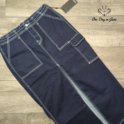True Religion Denim Cargo Maxi Skirt Dark Wash Body Rinse NWT Size 29 (8)