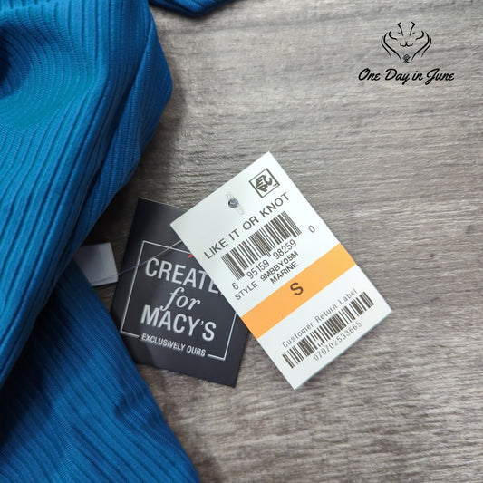 Bar III Like It Or Knot Ribbed One Piece Swimsuit Blue NWT $88 Size S