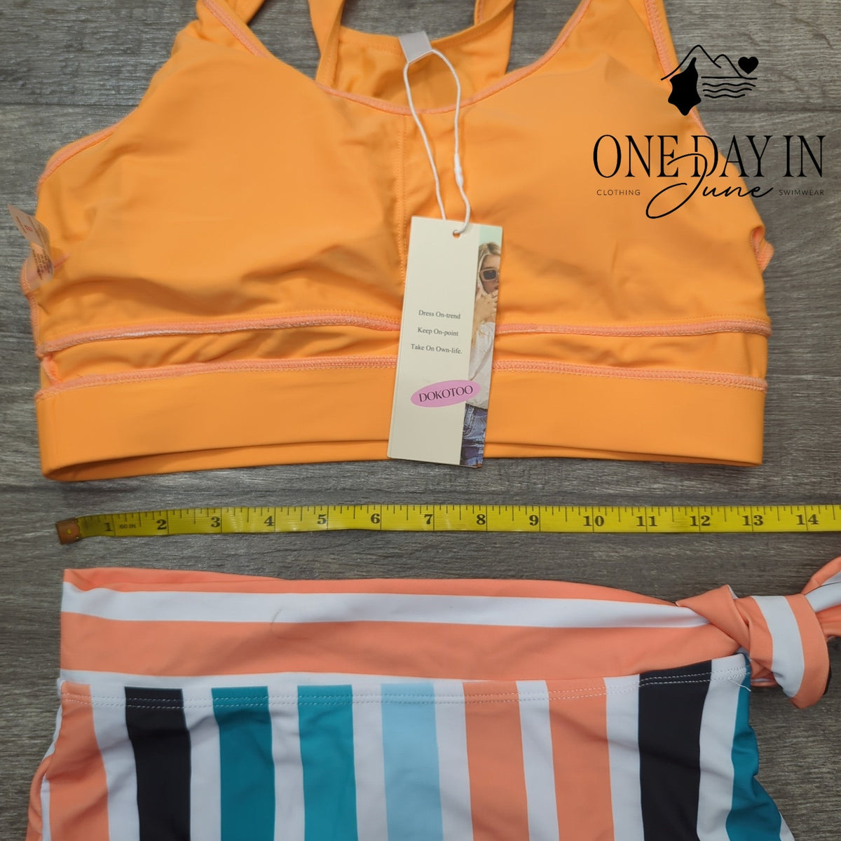 Dokotoo Orange Crop Top High Waist Striped Tie Side Bikini Swimsuit NWT Size S