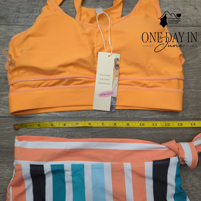 Dokotoo Orange Crop Top High Waist Striped Tie Side Bikini Swimsuit NWT Size S