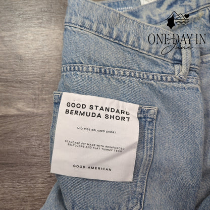 Good American Good Standard Bermuda Shorts Raw Hem Indigo NWT Size 8