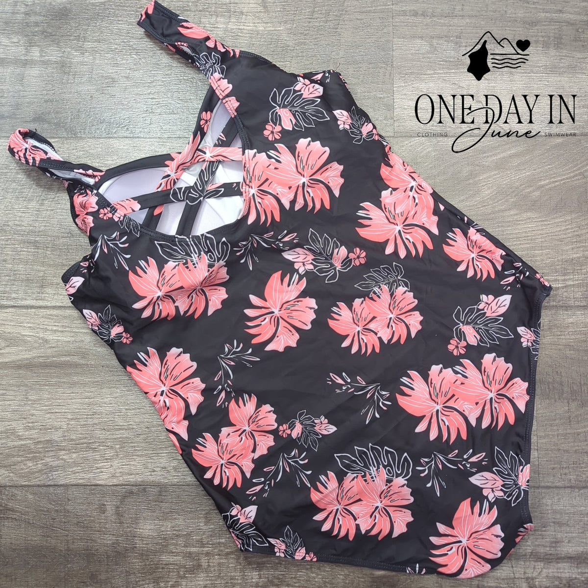 Zando Cross Back One Piece Swimsuit Black Pink Floral Size 2XL