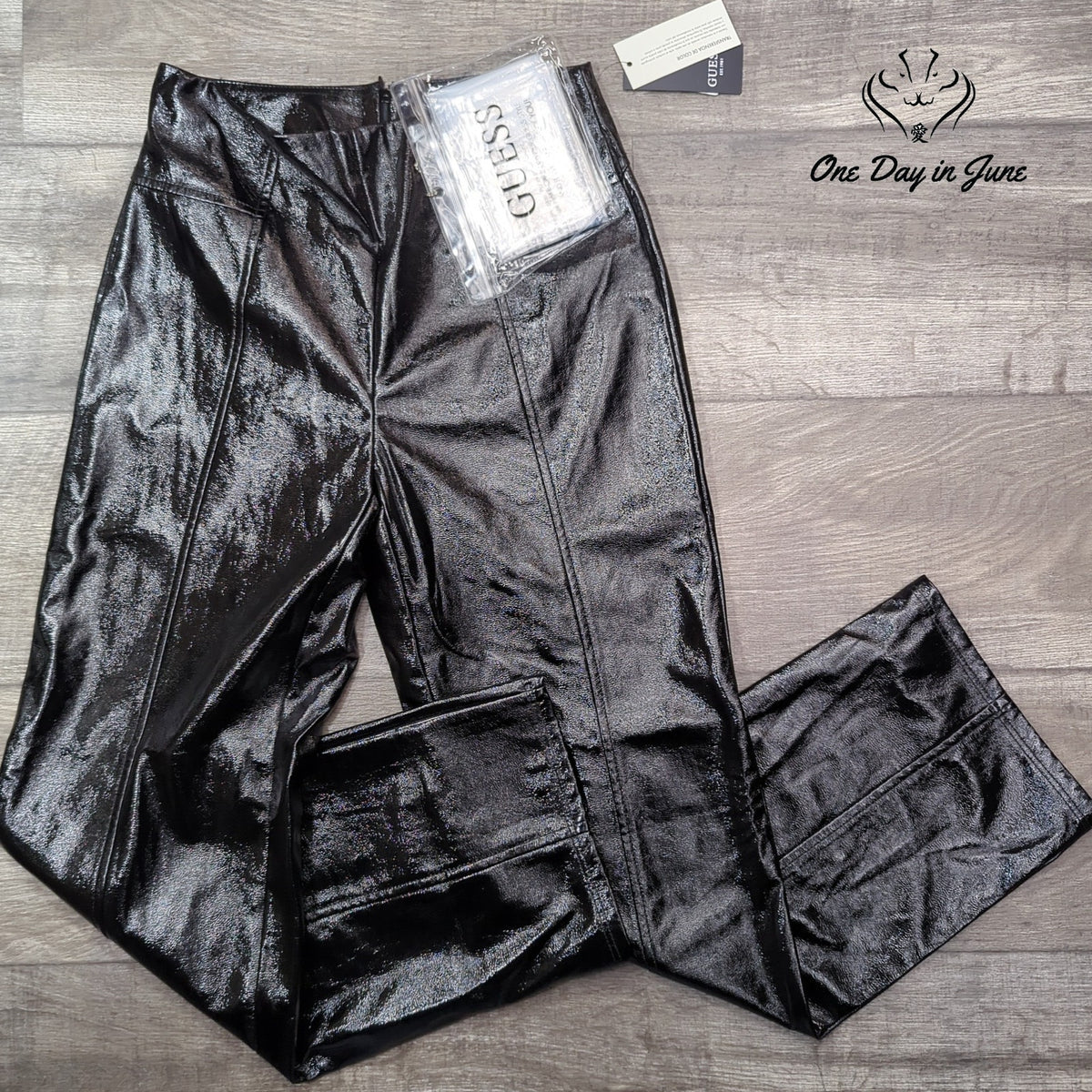 Guess Monica Faux Leather Straight Leg Pants Jet Black High Rise NWT Size S