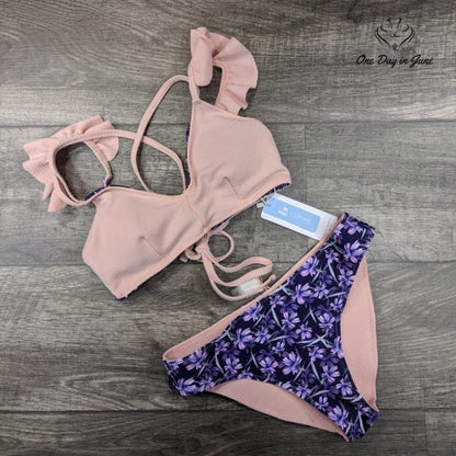 CUPSHE Pink Ruffled Crisscross V Neck Padded Bikini Size S