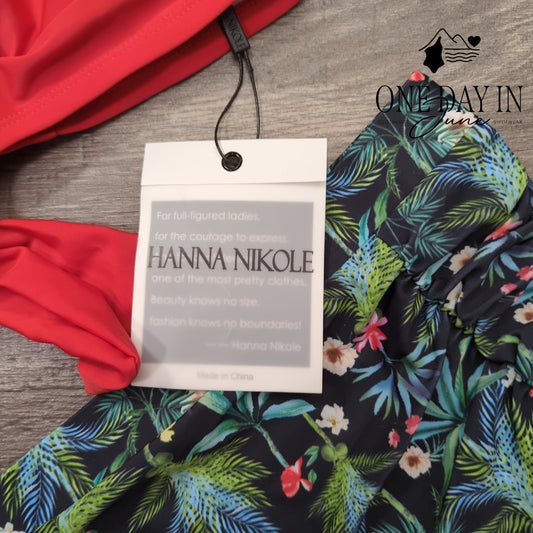 Hanna Nikole Bikini Swimsuit Coral Tropical Floral High Waist Tie NWT Size XL