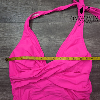 Suuksess Cross Front Halter One Piece Swimsuit Hot Pink Ruched Size M
