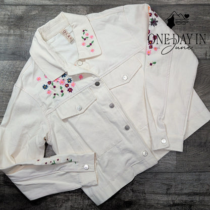 Dolan Anthropologie Floral Embroidered Denim Jacket Cream Size L