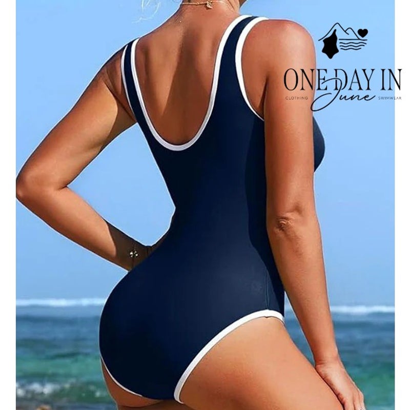 Charmo Half Zip One Piece Swimsuit Navy Blue White Trim NWT Size M