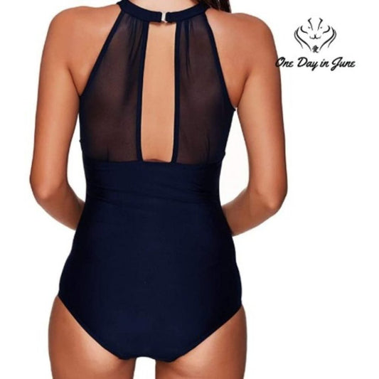 Tempt Me High Neck Plunge Mesh Ruched Monokini Size M