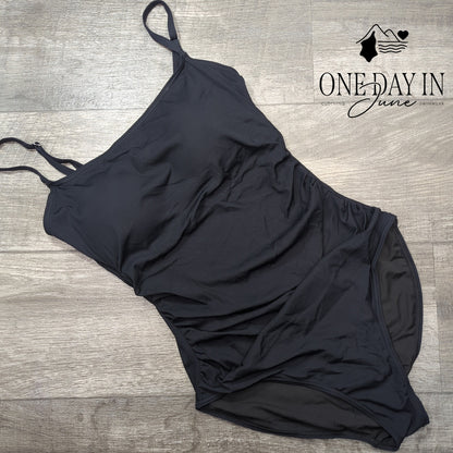 Eomenie Ribbed One Piece Swimsuit Black Ruched Tummy Control NWT Size L