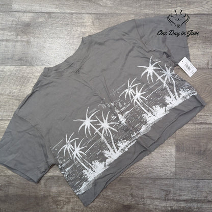 Flirtitude Cropped Graphic Tee Shirt Dark Gull Gray Palm Trees NWT Size XL