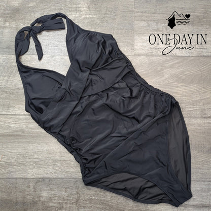Adisputent Halter Cross Front One Piece Swimsuit Black Size XL