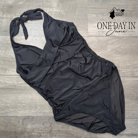 Adisputent Halter Cross Front One Piece Swimsuit Black Size XL