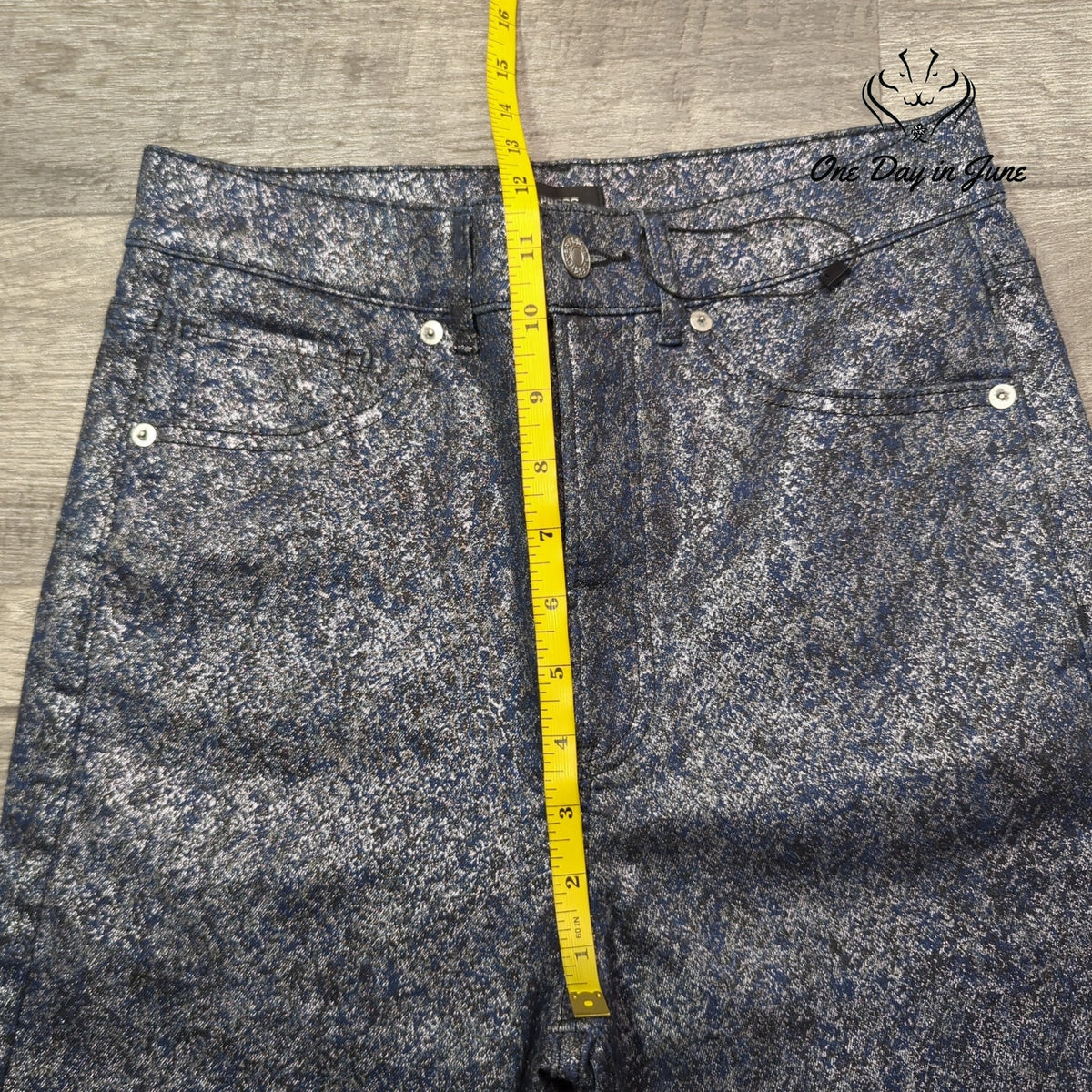 Express Slim Super High Rise Metallic Coated Jeans Blue Silver Size 6