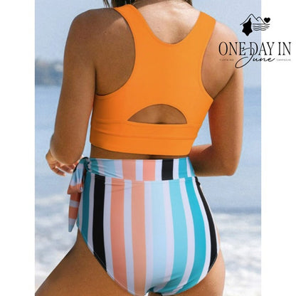 Dokotoo Orange Crop Top High Waist Striped Tie Side Bikini Swimsuit NWT Size S