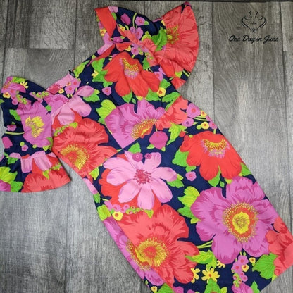 Trina Turk Kanan Poppy Indigo Floral Ruffle Sleeve Shift Dress NWT Size 4
