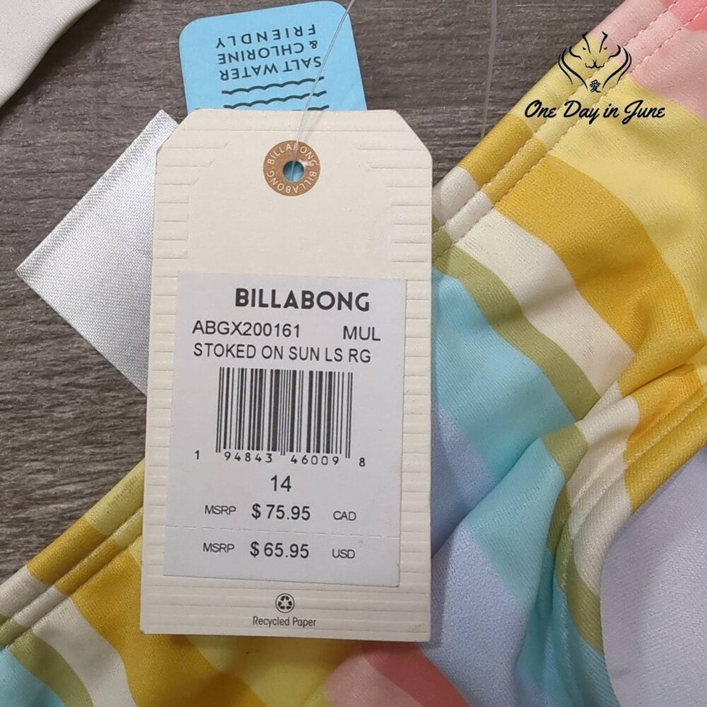 Billabong Stoked On Sun Rash Guard Girls Long Sleeve Striped NWT $65.95 Size 14