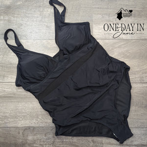 Zando Black Mesh Cutout One Piece Swimsuit V Neck Ruched Size XL