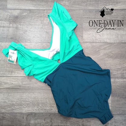 B2Prity Ruffle Cutout Tummy Control One Piece Swimsuit Teal NWT Size M