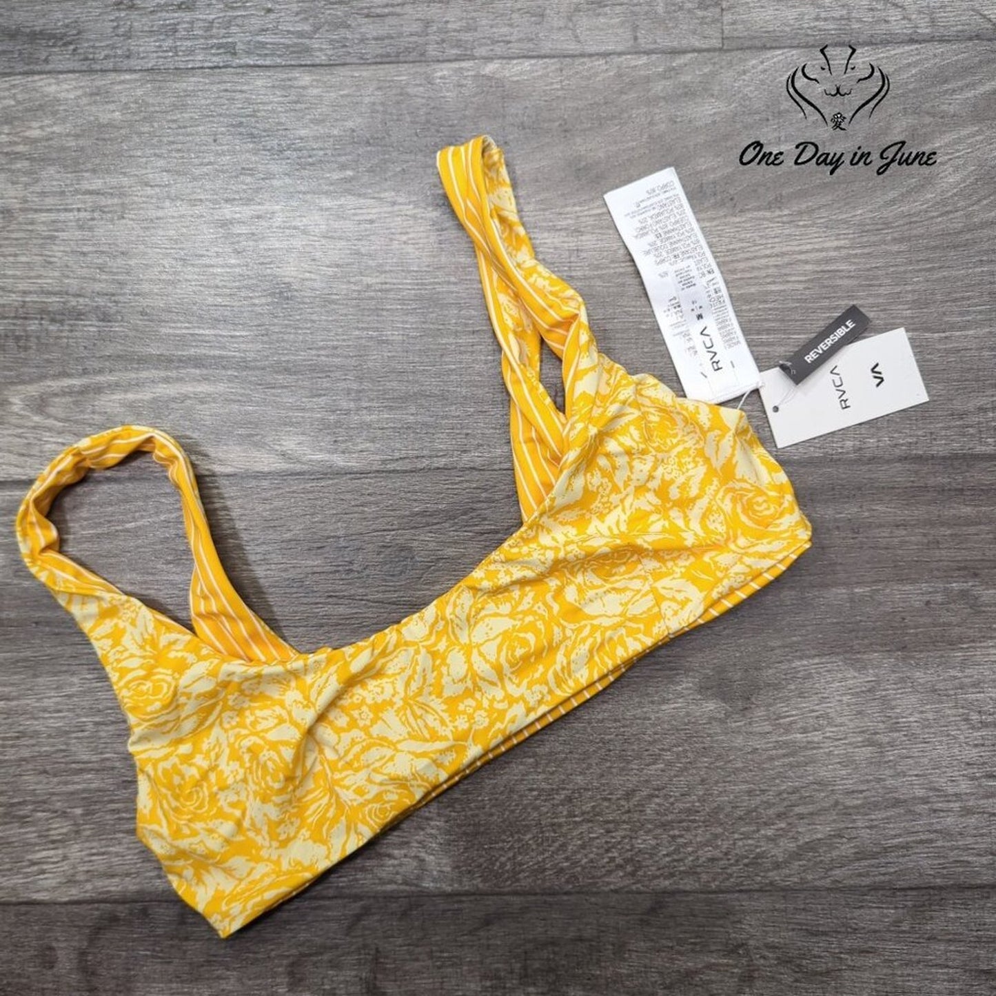 RVCA Forever Bralette Reversible Bikini Top Yellow Floral Stripe NWT Size M