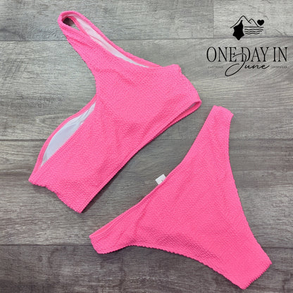 CharmLeaks Smocked One Shoulder Bikini Swimsuit Hot Pink Two Piece Size L