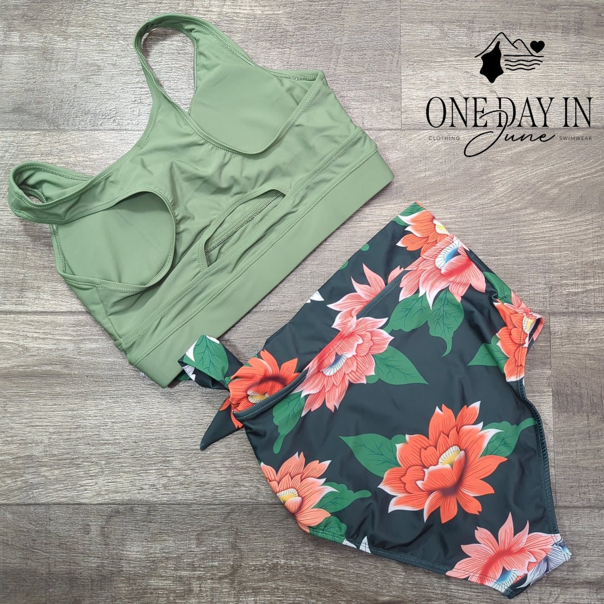 Dokotoo Green Floral High Waist Bikini Crop Top 2 Piece Swimsuit NWT Size S