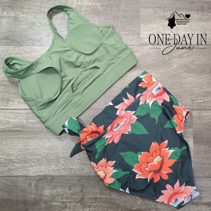 Dokotoo Green Floral High Waist Bikini Crop Top 2 Piece Swimsuit NWT Size S