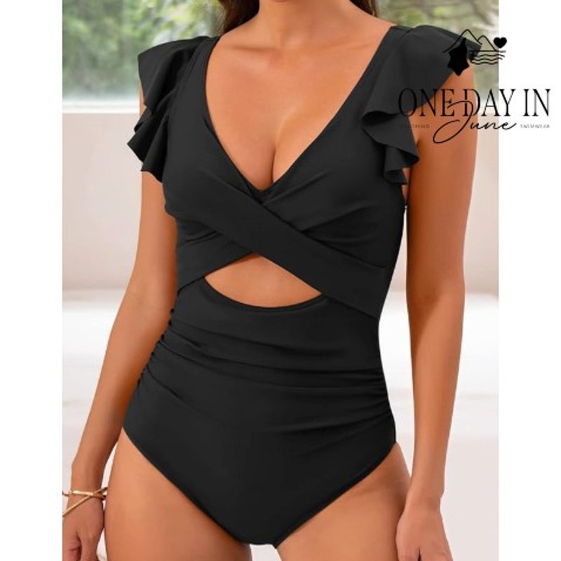 B2Prity Cross Front Cut Out Ruffle One Piece Swimsuit Black NWT Size M