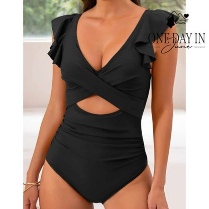 B2Prity Cross Front Cut Out Ruffle One Piece Swimsuit Black NWT Size M