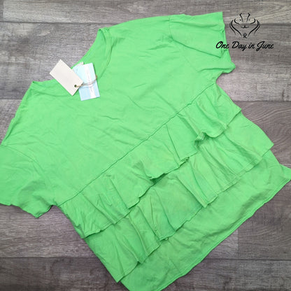 Easel Los Angeles Tiered Ruffle Tee Bright Green Short Sleeve NWT Size S