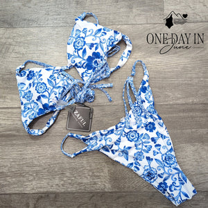 Zaful Bikini Blue White Floral Cheeky Tie Side 2 Piece Swimsuit NWT Size S