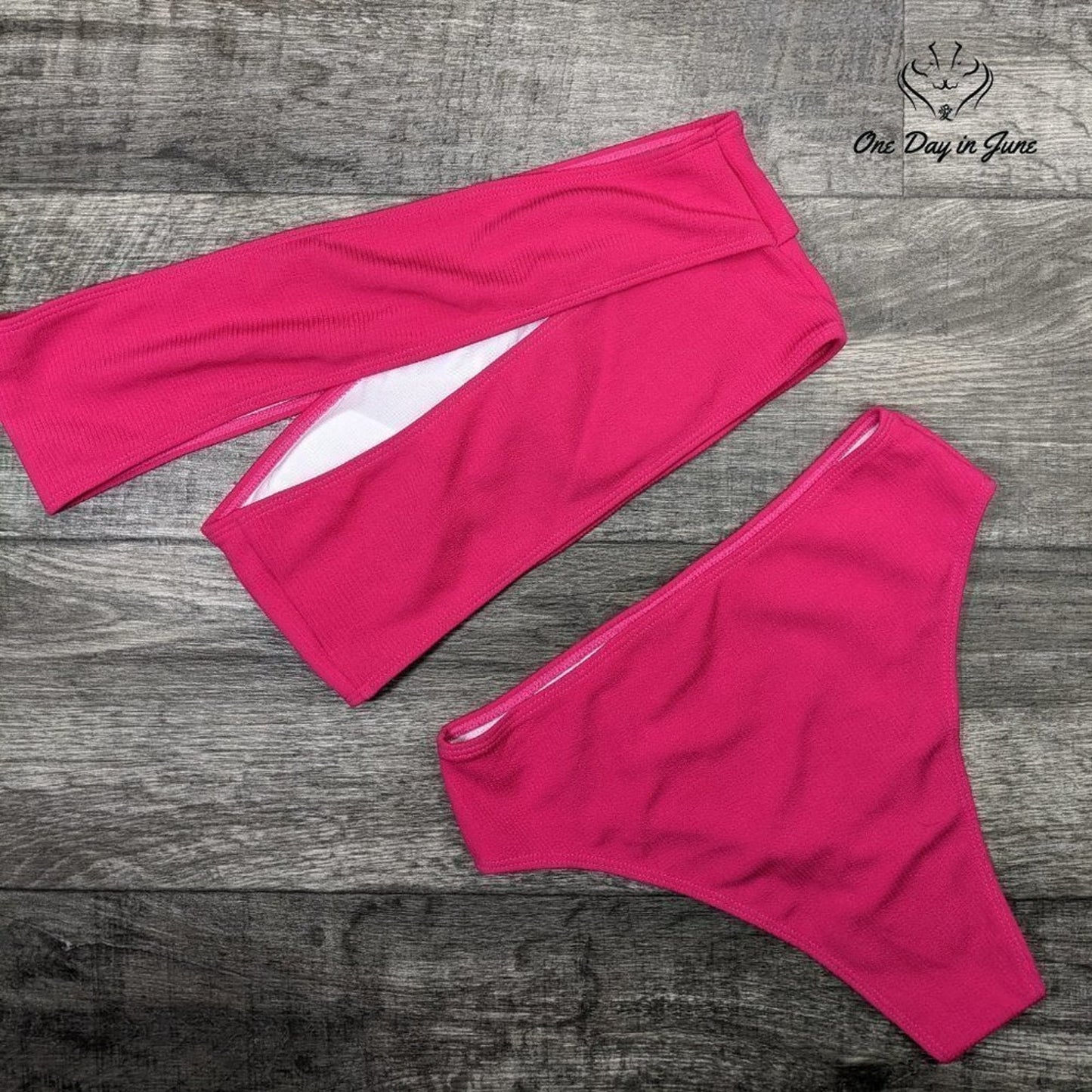 MakeMeChic One Shoulder Ribbed Bandeau Bikini Swimsuit Size M