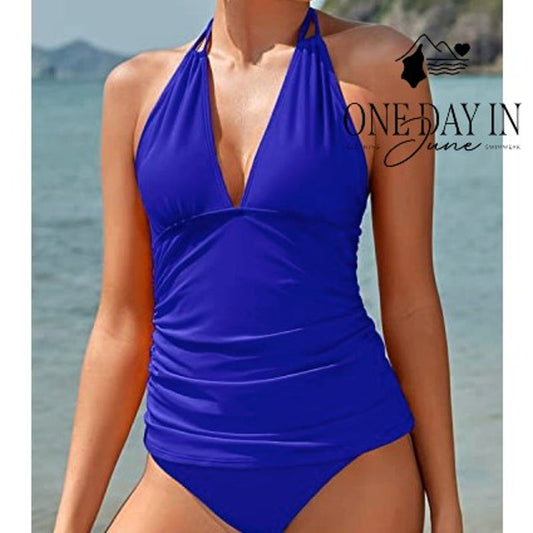 Yonique Halter Tankini Swimsuit Royal Blue Ruched Two Piece NWT Size S