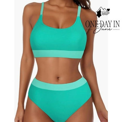 Zando Crop Bikini Swimsuit Turquoise Mint High Waist Two Piece Size M
