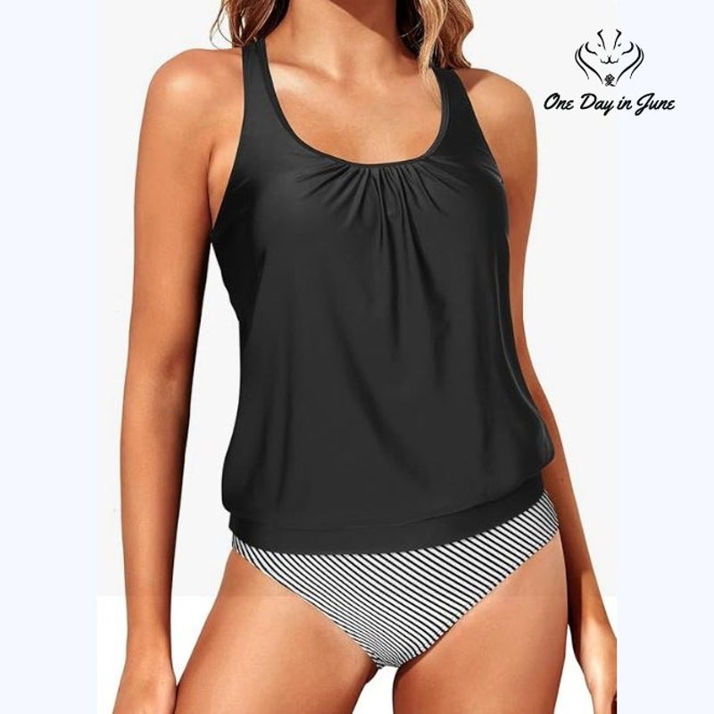 Yonique Blouson Racerback Tankini Swimsuit Black Striped 2 Piece NWT Size XS