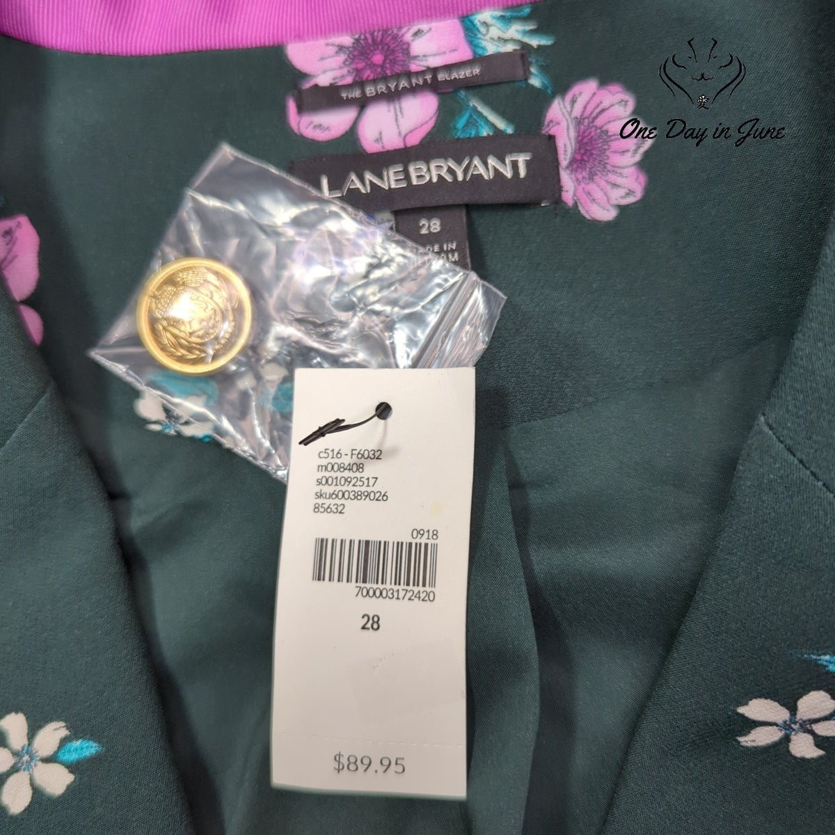 Lane Bryant The Bryant Blazer Green Floral Gold Button NWT Size 28