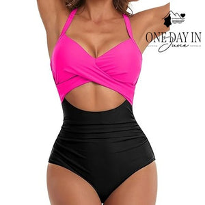Eomenie Cross Front Cut Out One Piece Swimsuit Pink Black NWT Size XL