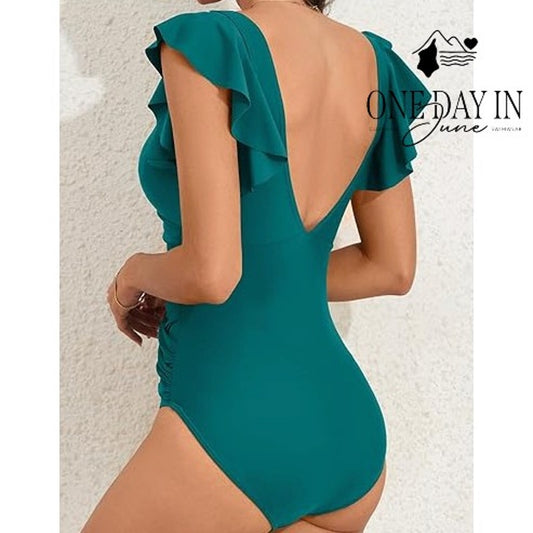 B2Prity Ruffle Cutout V Neck One Piece Swimsuit Teal NWT Size M