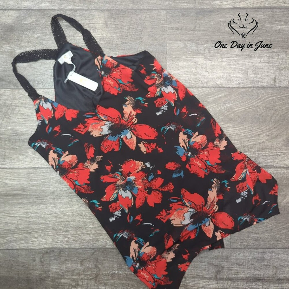 Chasing Charlie Racerback Tank Top Black Orange Floral Lace Strap NWT Size S
