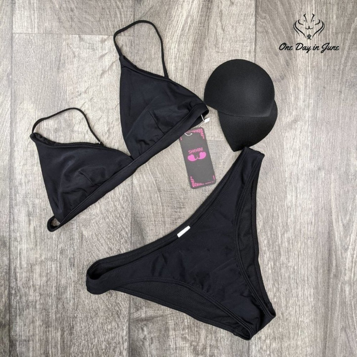 Shekini Triangle Bikini Swimsuit Black Padded Two Piece High Cut NWT Size S