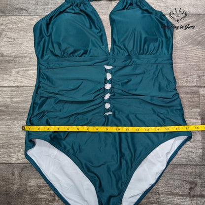 Charmo V Neck Cut Out Tummy Control One Piece Swimsuit Green Size 2XL