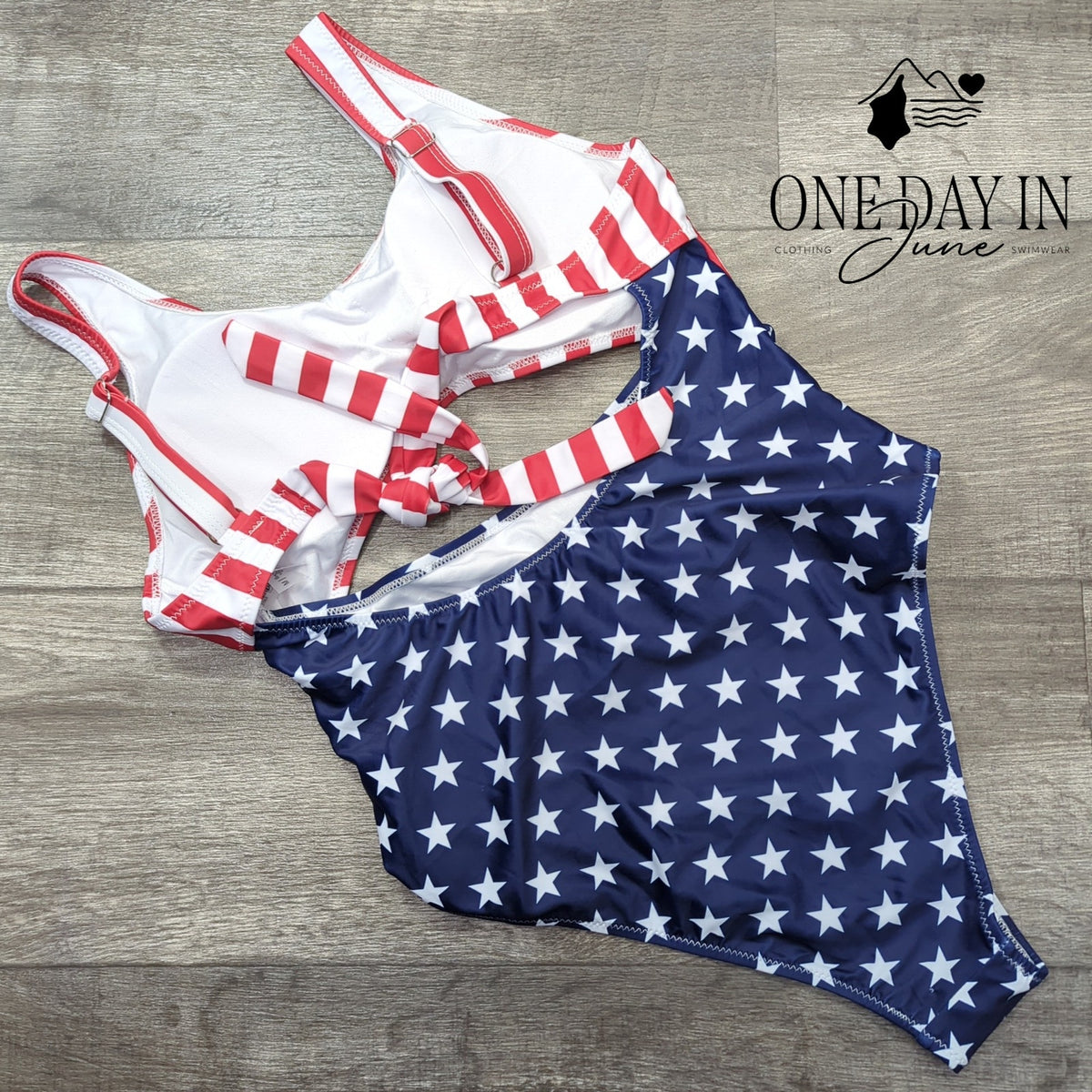 Vimpunec Cut Out Tie Back One Piece Swimsuit USA Flag Stars Stripes Size M