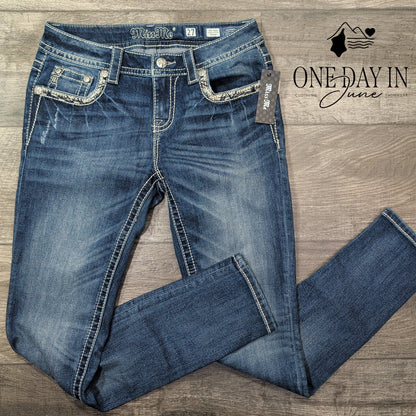 Miss Me Mid Rise Skinny Jeans Medium Blue Distressed NWT $109.50 Size 4 (27)