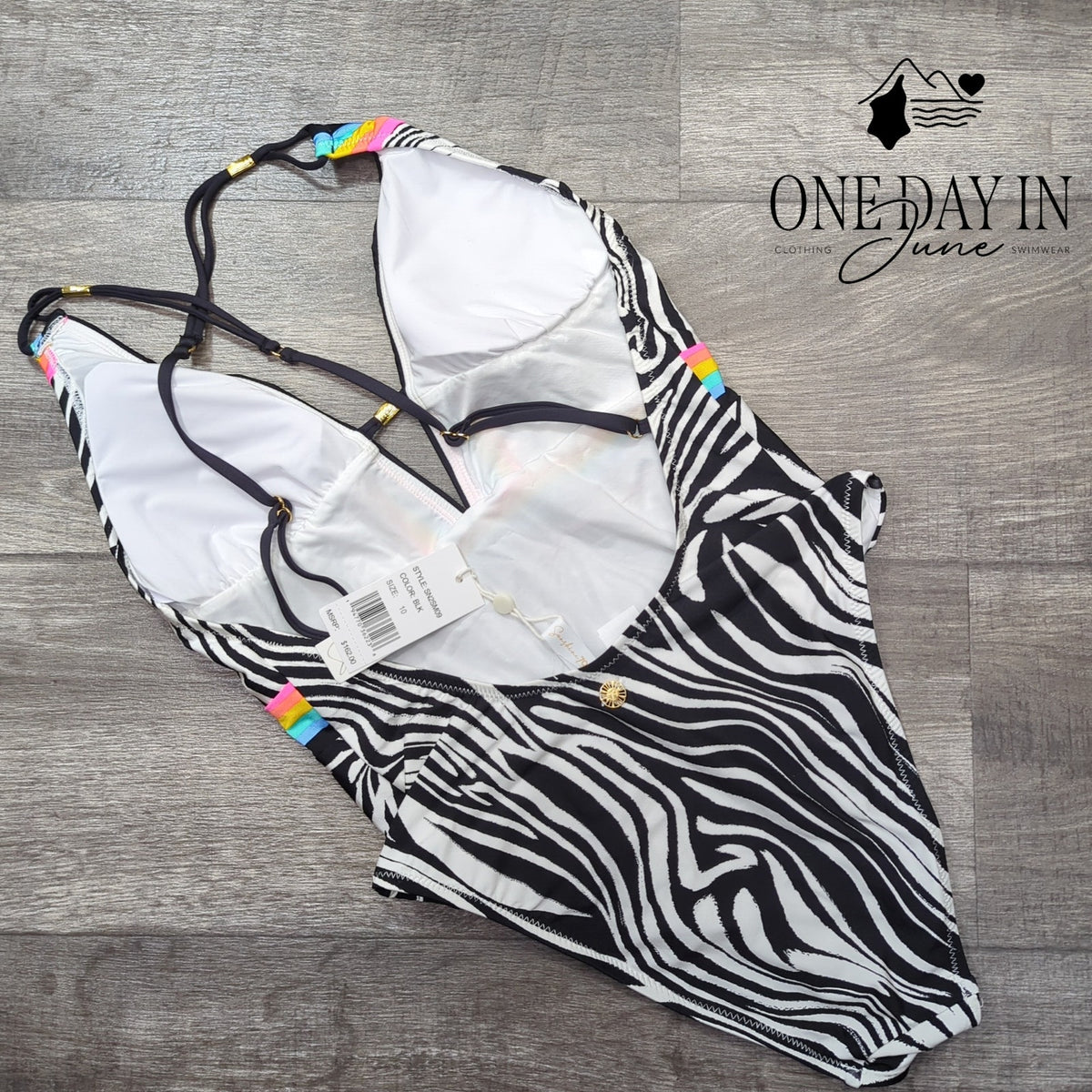 Sunshine 79 Deep V Plunge Zebra Rainbow One Piece Swimsuit NWT $162 Size 10