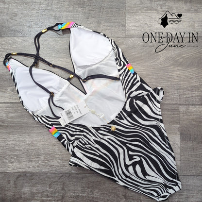 Sunshine 79 Deep V Plunge Zebra Rainbow One Piece Swimsuit NWT $162 Size 10