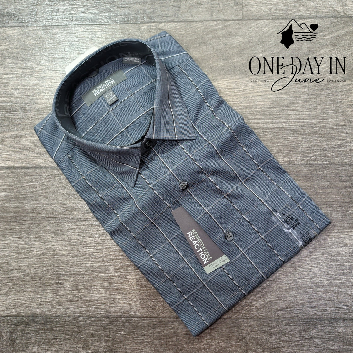 Kenneth Cole Reaction Non Iron Plaid Dress Shirt Blue Gray NWT Size L (16-16.5)
