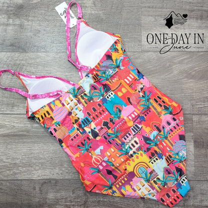 Sporlike Womens Tummy Control One Piece Swimsuit Colorful Print Pink Size M