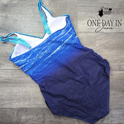 Adisputent Cross Front Tummy Control One Piece Swimsuit Blue Ombre Size L