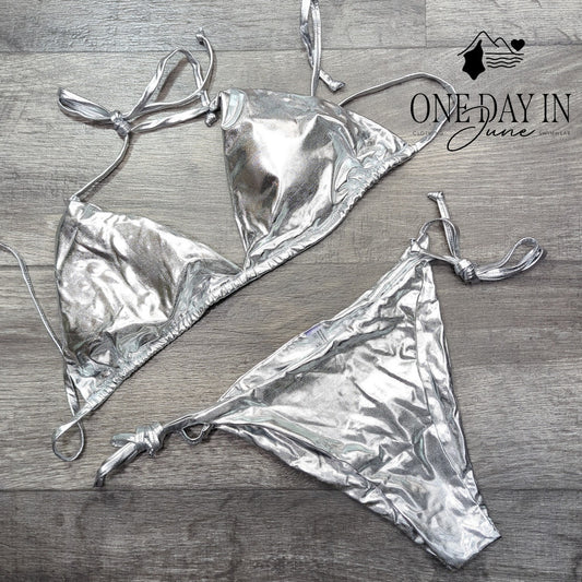 Adisputent Silver Halter Tie Side Bikini Swimsuit Size L